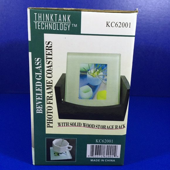 Beveled Glass Photo Frame Coasters 4 With Solid Wood Storage Rack 2" x 3" Photo - Picture 4 of 8